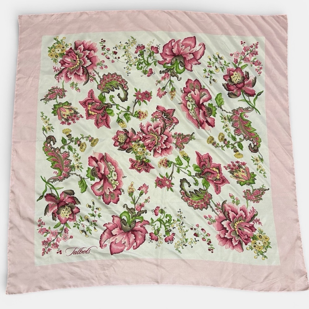 Talbots Pink and Green Floral Square Scarf 100% Silk Classic Feminine